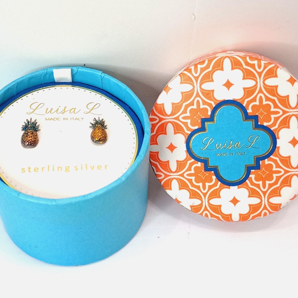 Luisa‎ L Sterling Silver Pineapple Stud Earrings .925 Italy Enamel 13mm Boxed